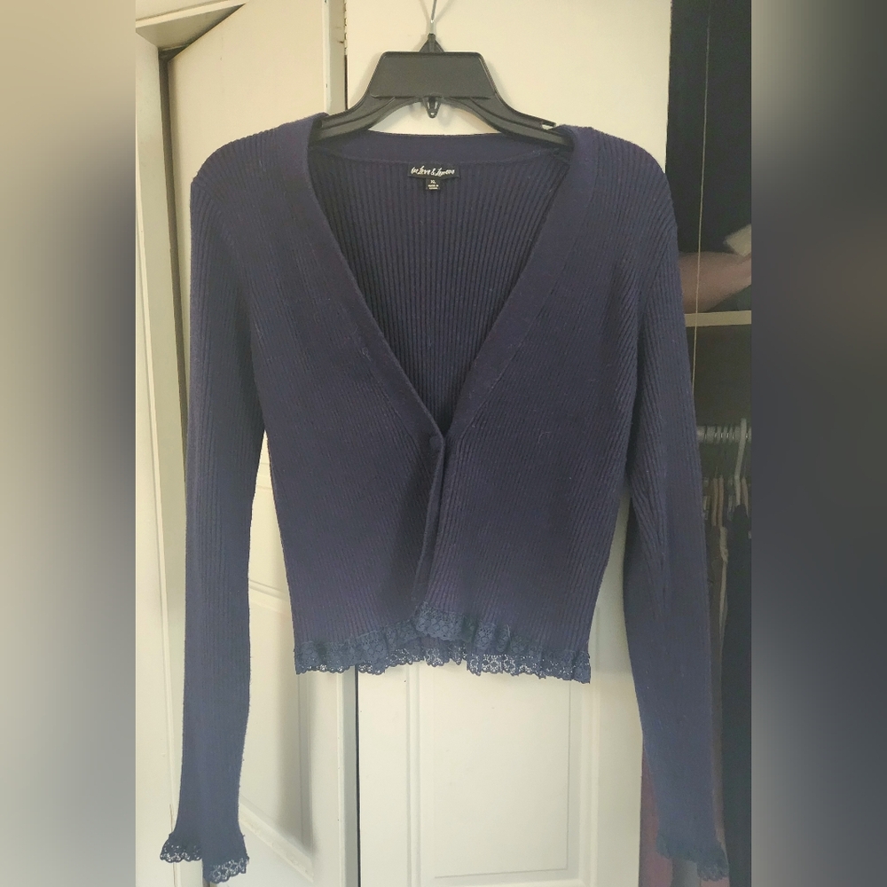 FOR LOVE & LEMONS NAVY BLUE NINA RIBBED KNIT BUTTON FRONT CARDIGAN, XL